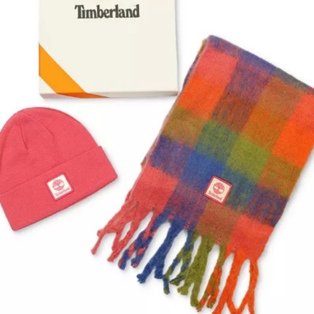 Timberland Multi‑Color Plaid Fringe Scarf (Red, Blue, Green, Orange)